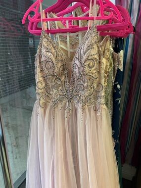 Beaded Tulle Evening Gown in Blush